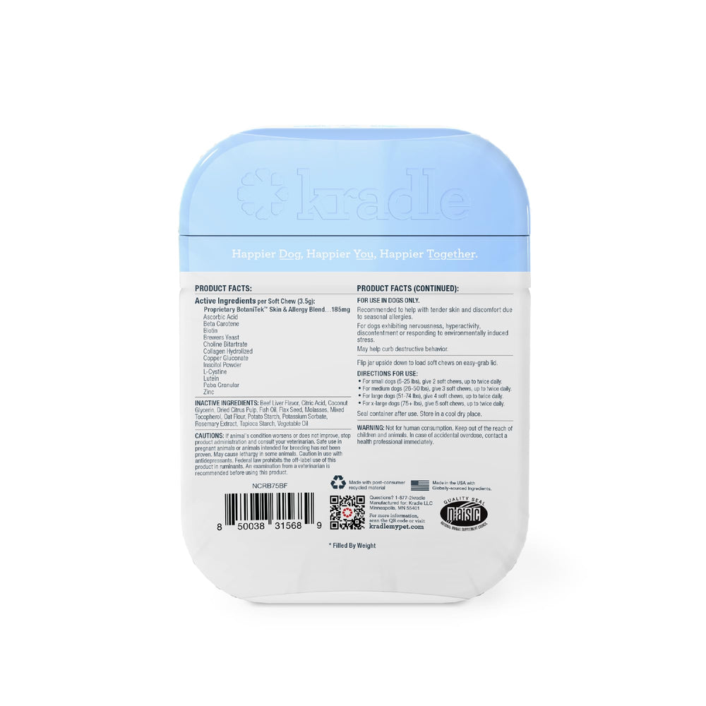 Ingrédients BotaniTek visibles sur l’étiquette des Kradle Skin Health Chews.