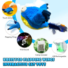 KreizyGo: oiseau bleu en action, ailes battantes et gazouillis