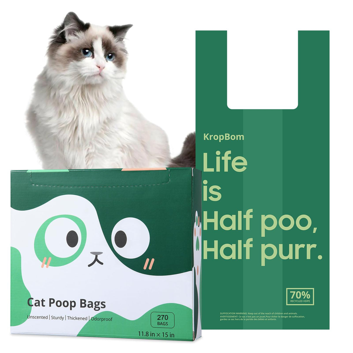 Sacs KropBom crottes chat avec poignées, pratiques et hygiéniques pour le ramassage.