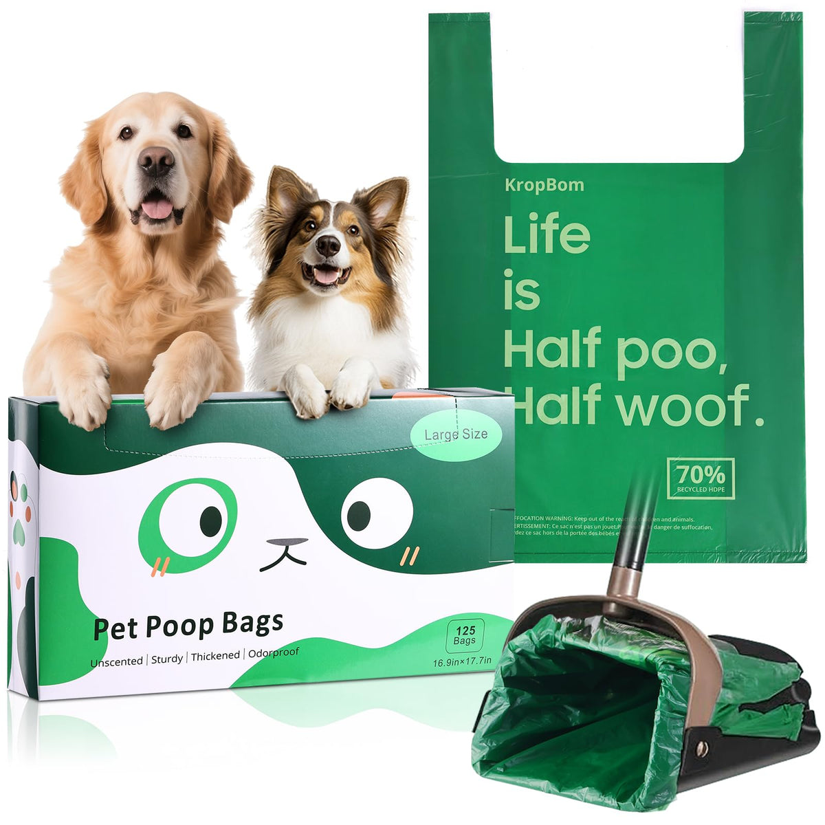 Sacs déjections canines KropBom taille-extra-large pour grands chiens.