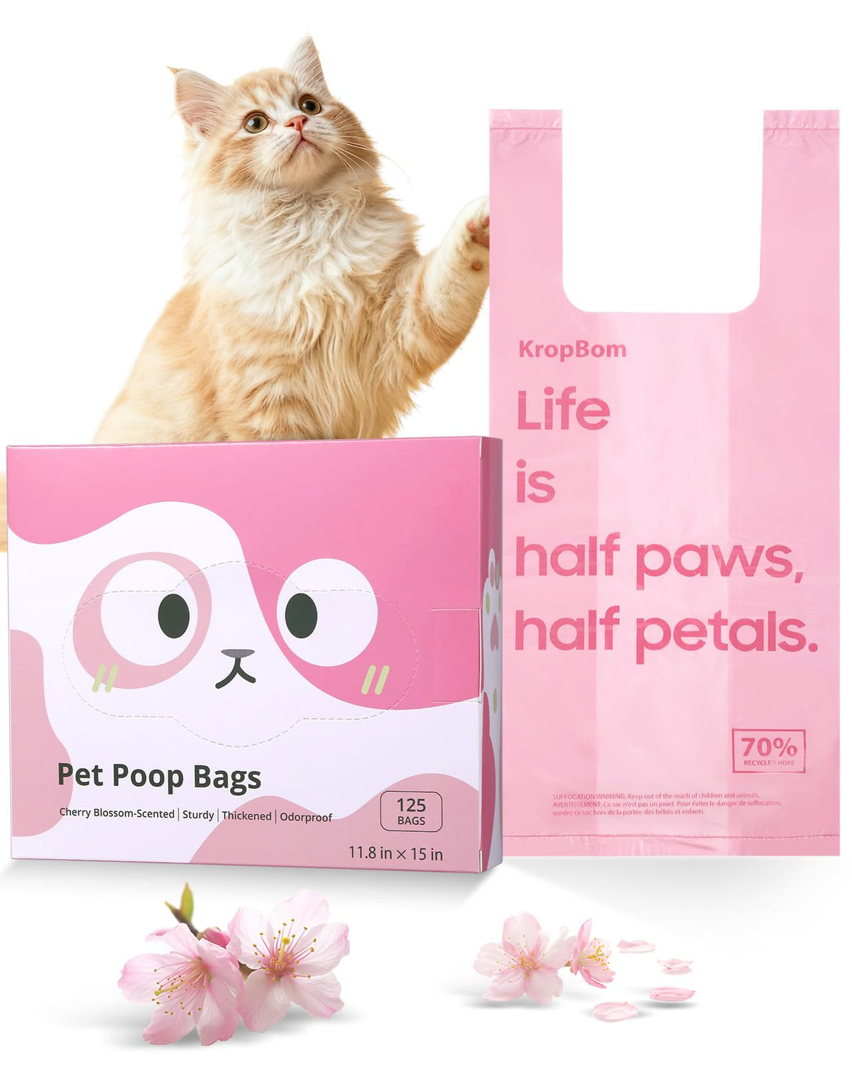 Sacs KropBom parfum cerisier avec poignées pour une fermeture propre et rapide.