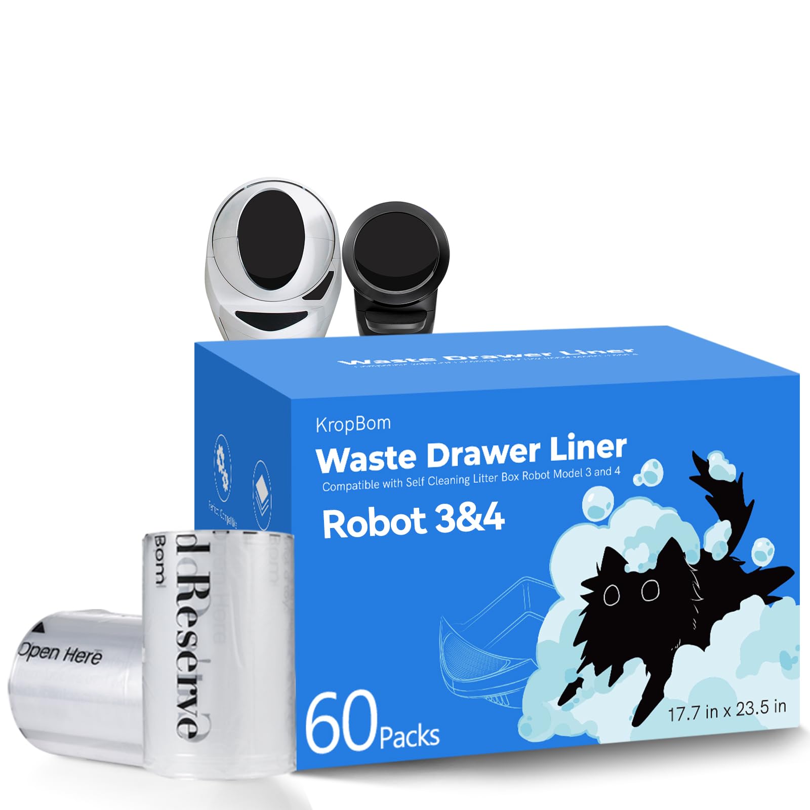 Sacs Litière robot KropBom; remplacement rapide et propre.
