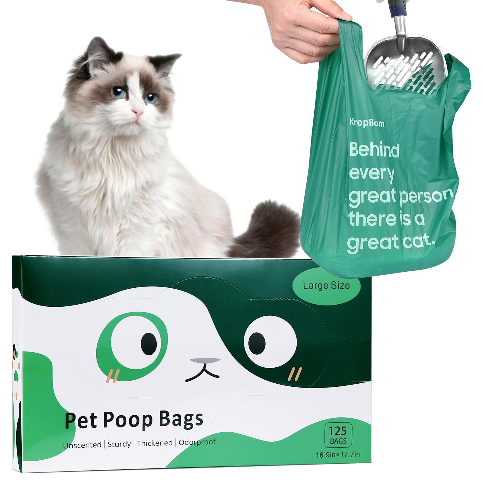 KropBom sacs-poubelle chat larges avec poignées, faciles à nouer et propres.
