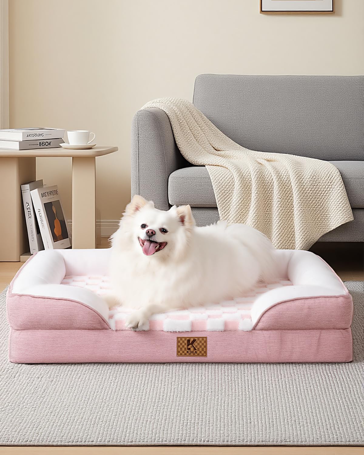 KSIIA lit chien housse douce rose rembourree, nettoyage facile.