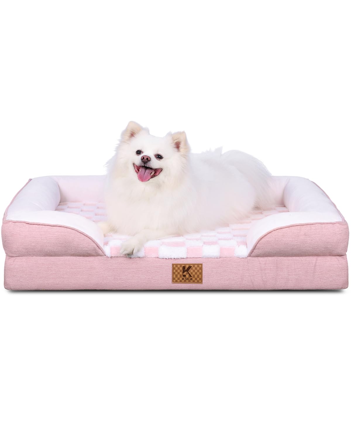 KSIIA lit chien orthopedique impermeable avec housse rose, confort durable.