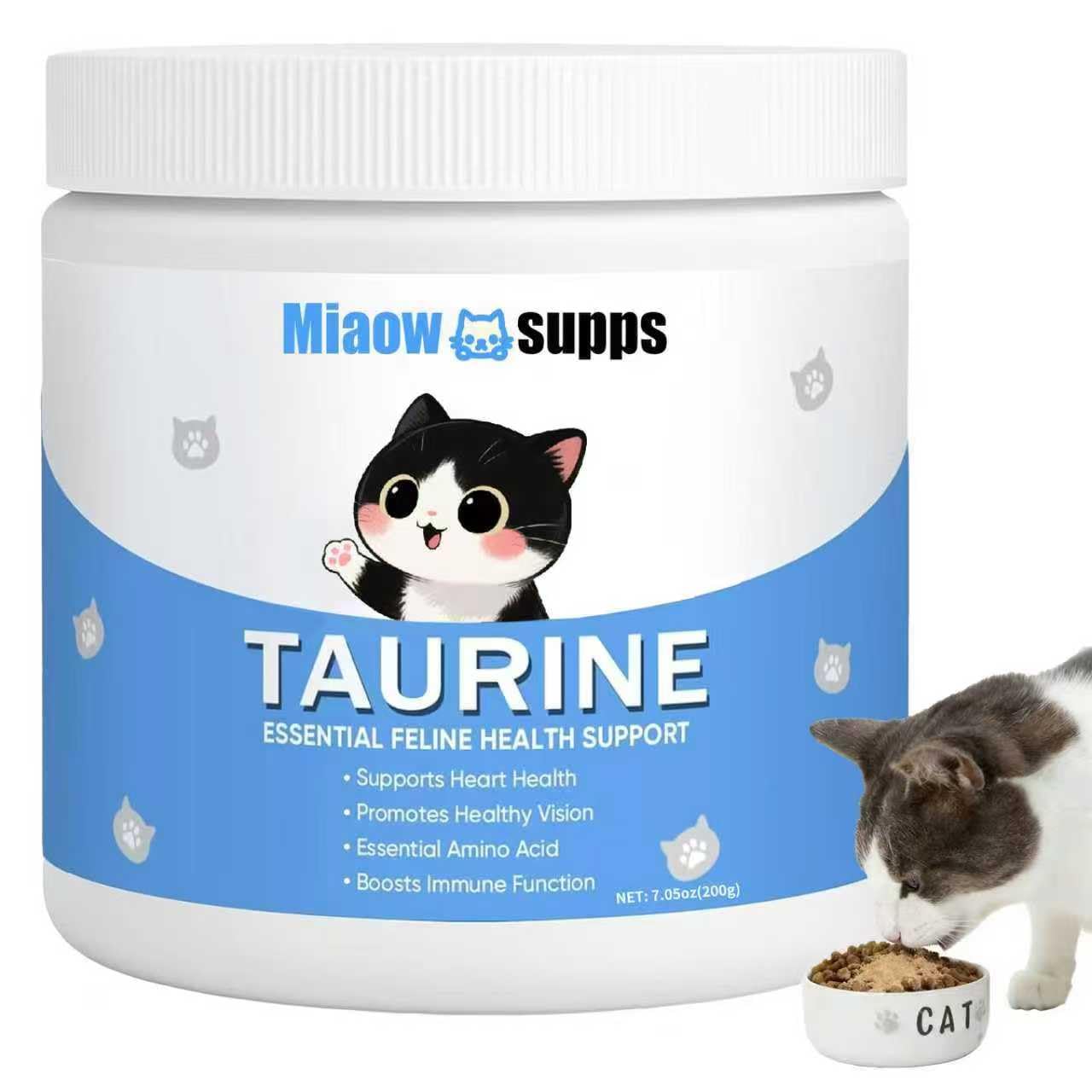 Ksjue Kittysupps Taurine: poudre dans le bocal, pratique à doser pour l'apport quotidien.