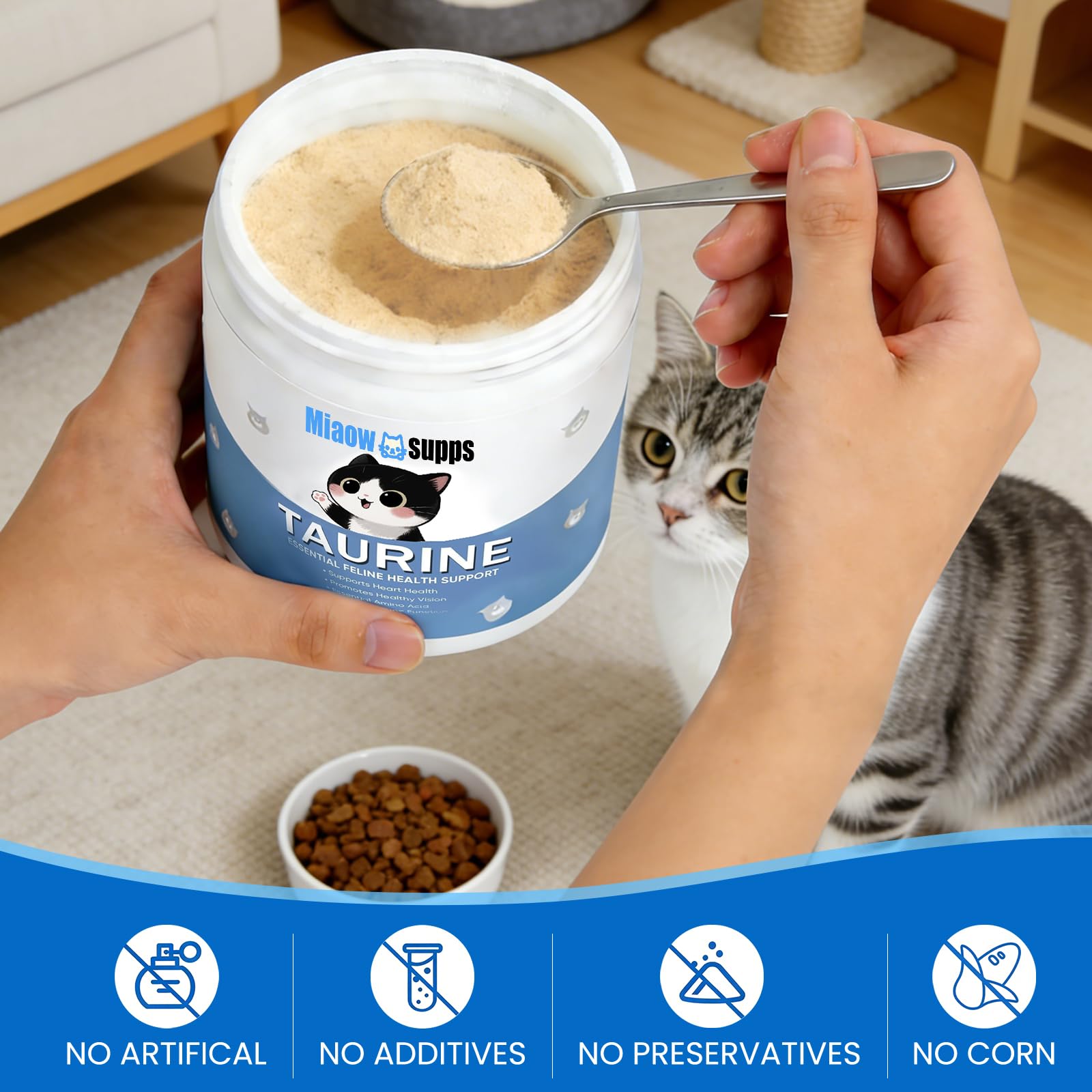 Ksjue Kittysupps Taurine: bol chat prêt à recevoir la poudre dans l’alimentation.