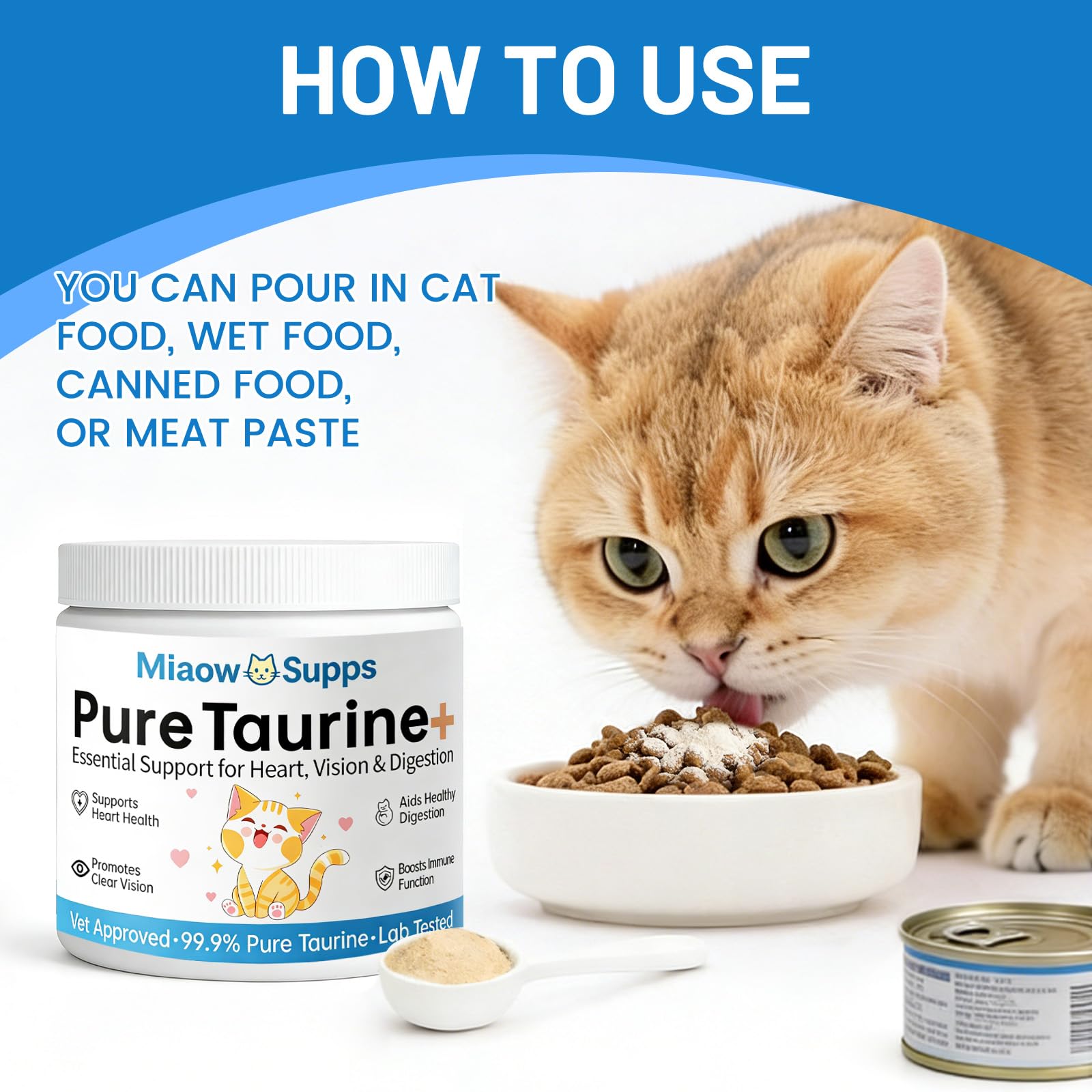 Miaow Supps Taurine Chat : poudre neutre, facile à mélanger avec nourriture.