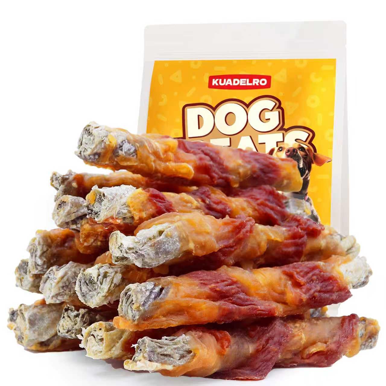 KUADELRO emballage friandises poulet et canard en peau de cabillaud, attrayant et informatif.