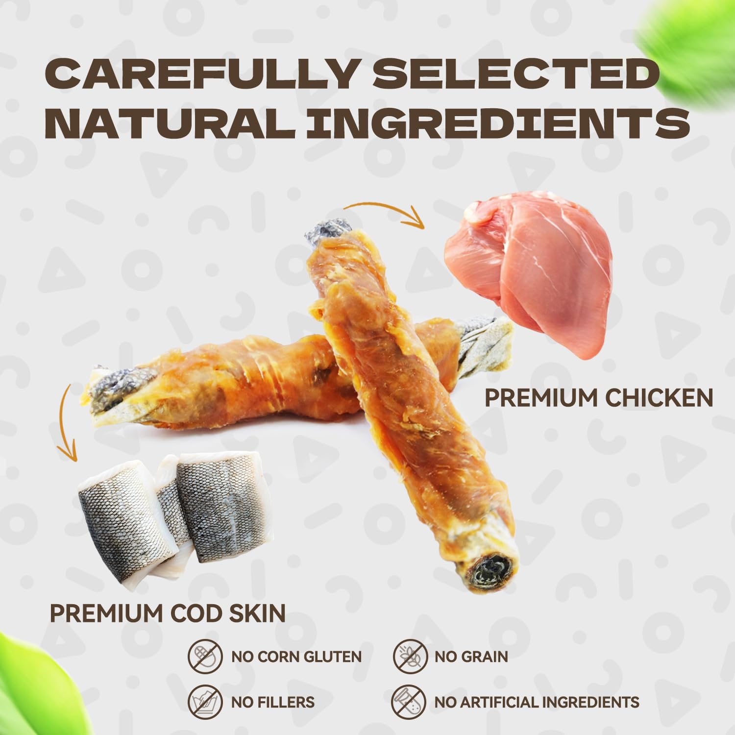 KUADELRO: friandise chien jerky poulet cabillaud, texture ferme favorisant l'appui dentaire.