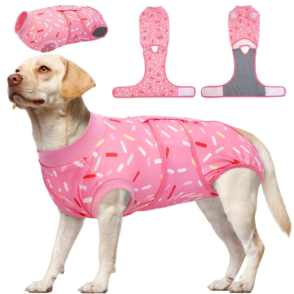 Kuoser combinaison recuperation chien rose devant, confort post-op assurant alimentation facile.