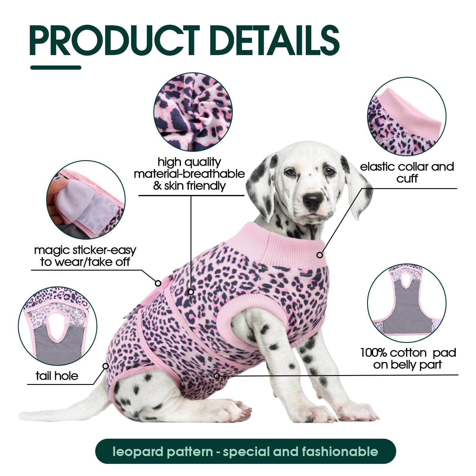 Kuoser combinaison récupération chien rose, fermeture réglable pour enfilage rapide et pratique.