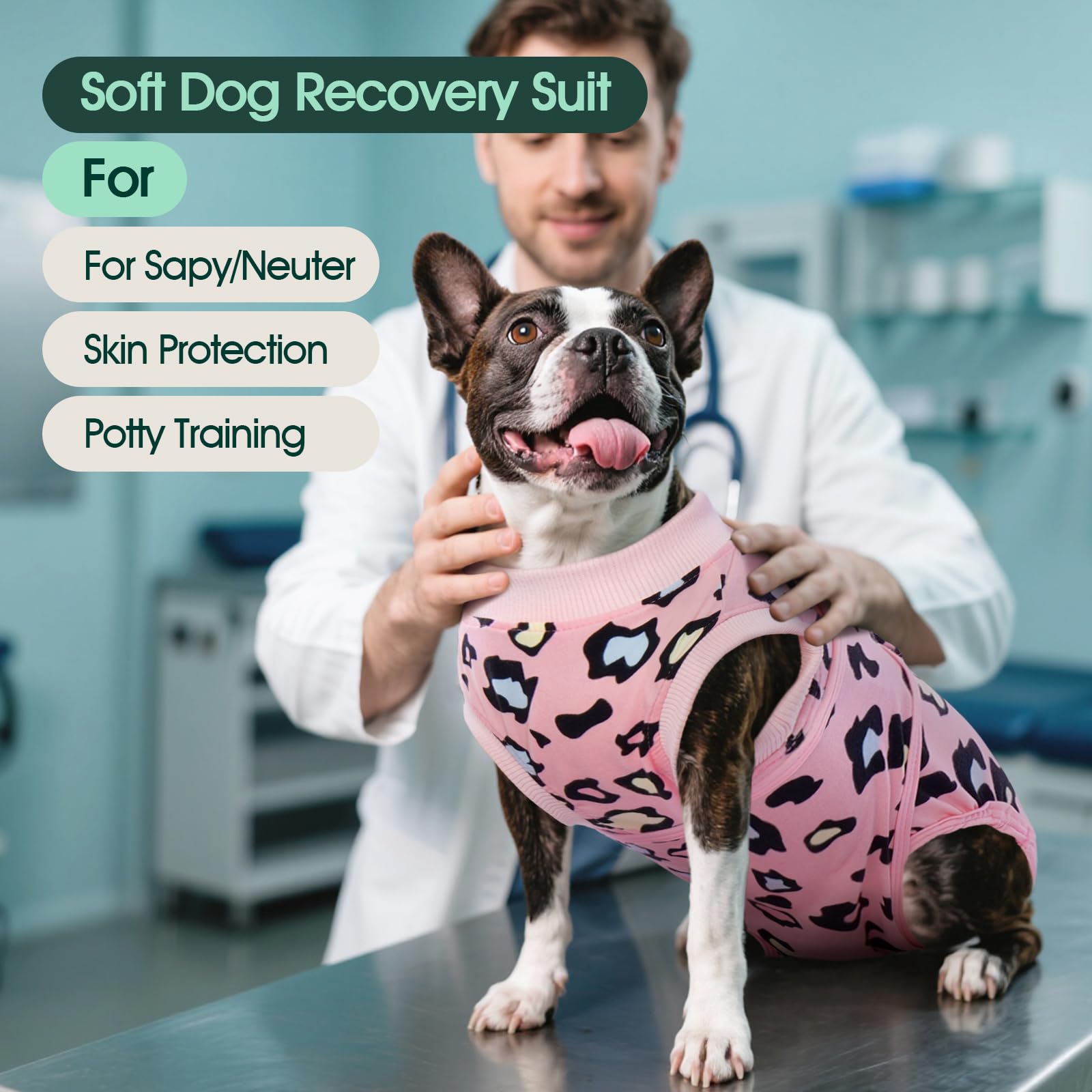 Kuoser combinaison recuperation chien rose leopard vue arrière protège les zones sensibles.