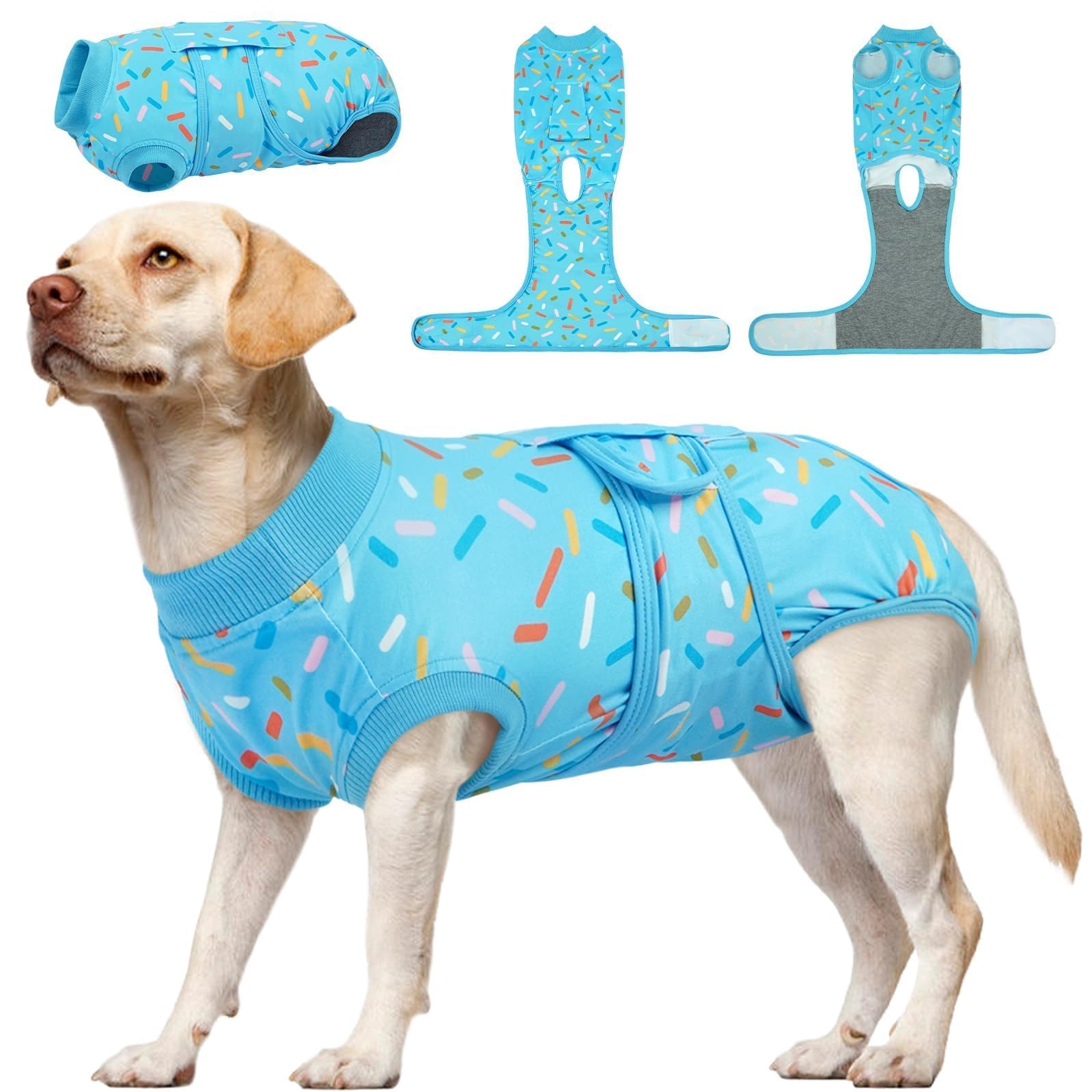 Kuoser costume-chien chirurgie bleu, vue avant, protège les plaies et offre le confort post-opération