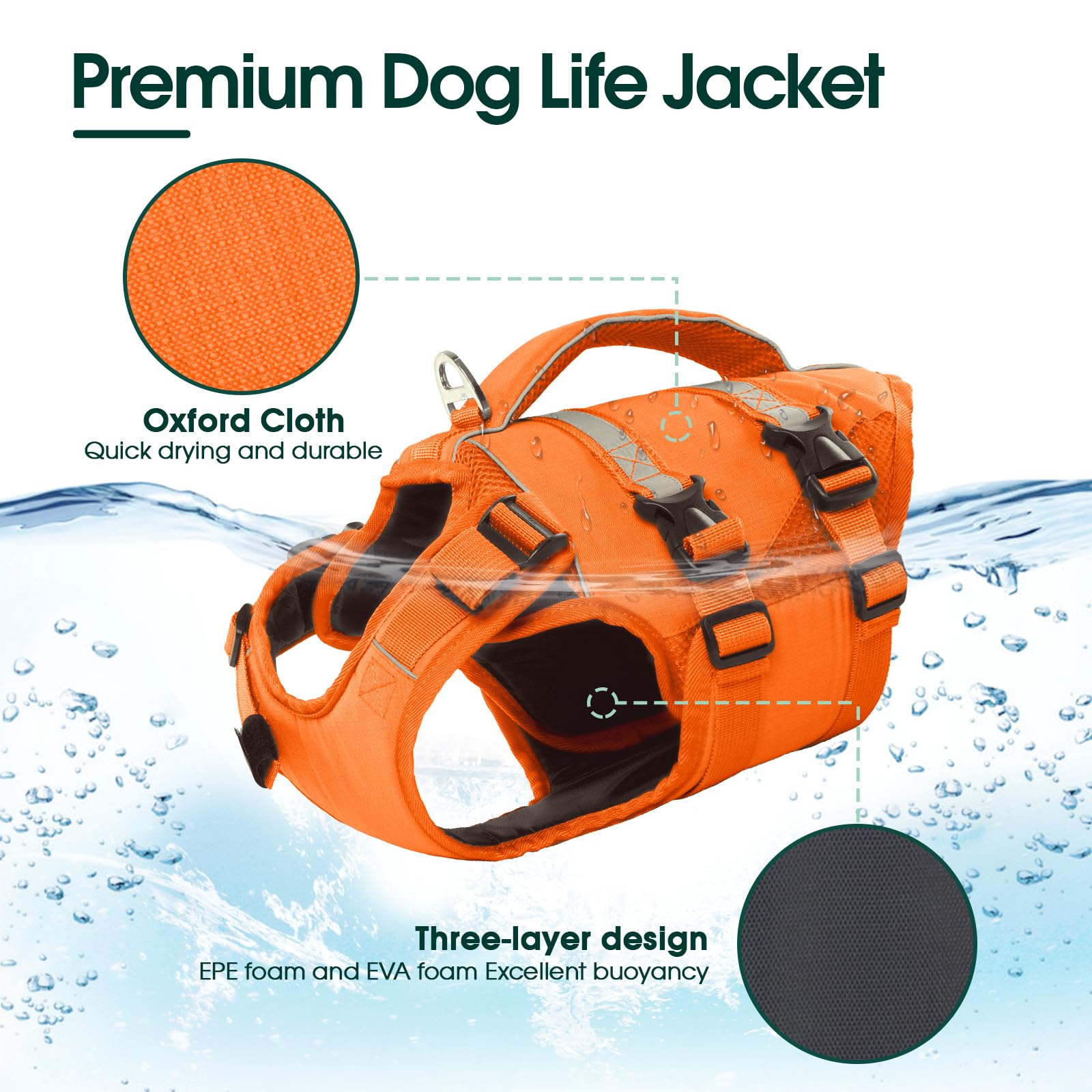 Kuoser gilet-natation-chien-vert: réglages confortables grâce aux sangles ajustables.