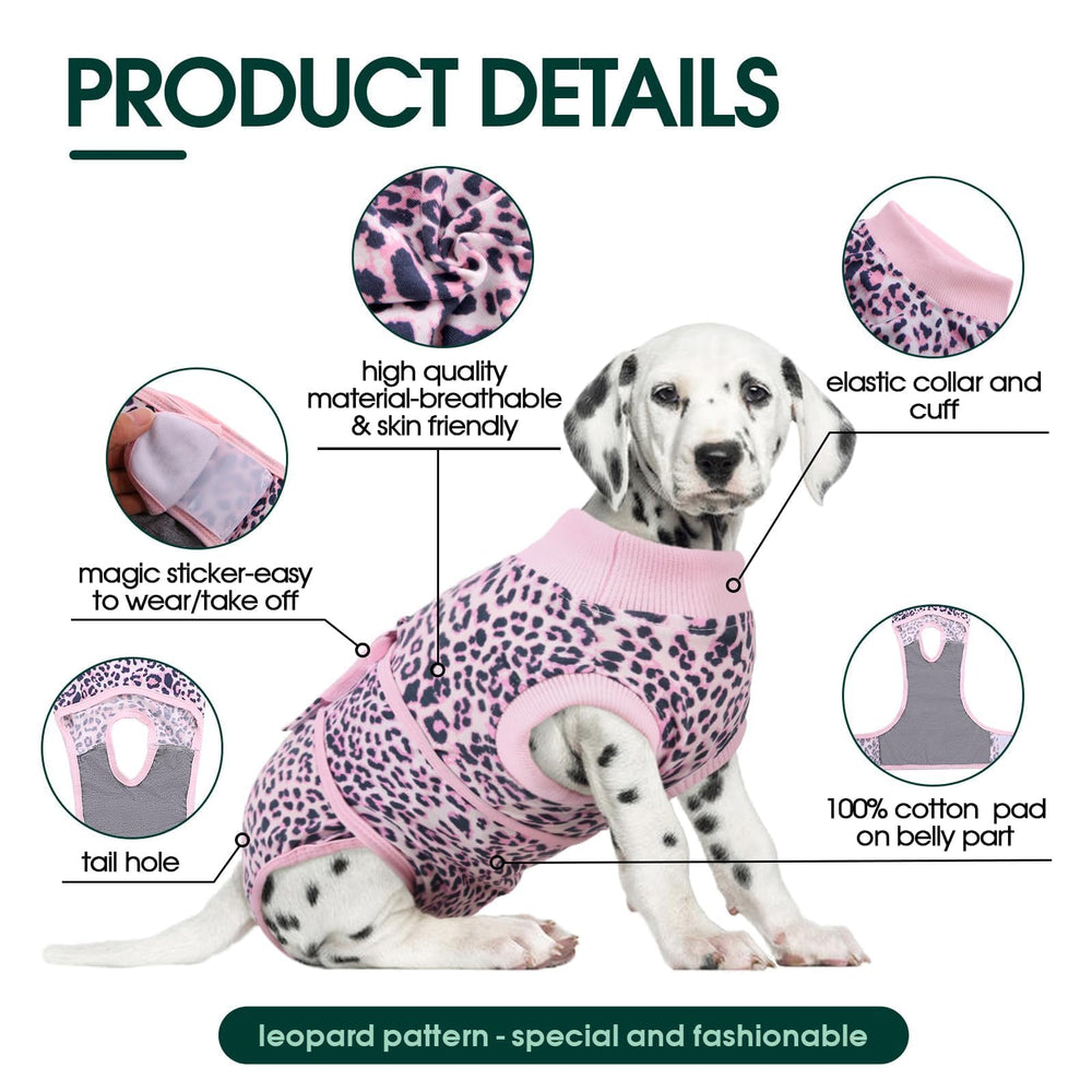Kuoser survêtement chirurgie chien rose leopard, matière élastique, facilité de mouvement durant la récupération.