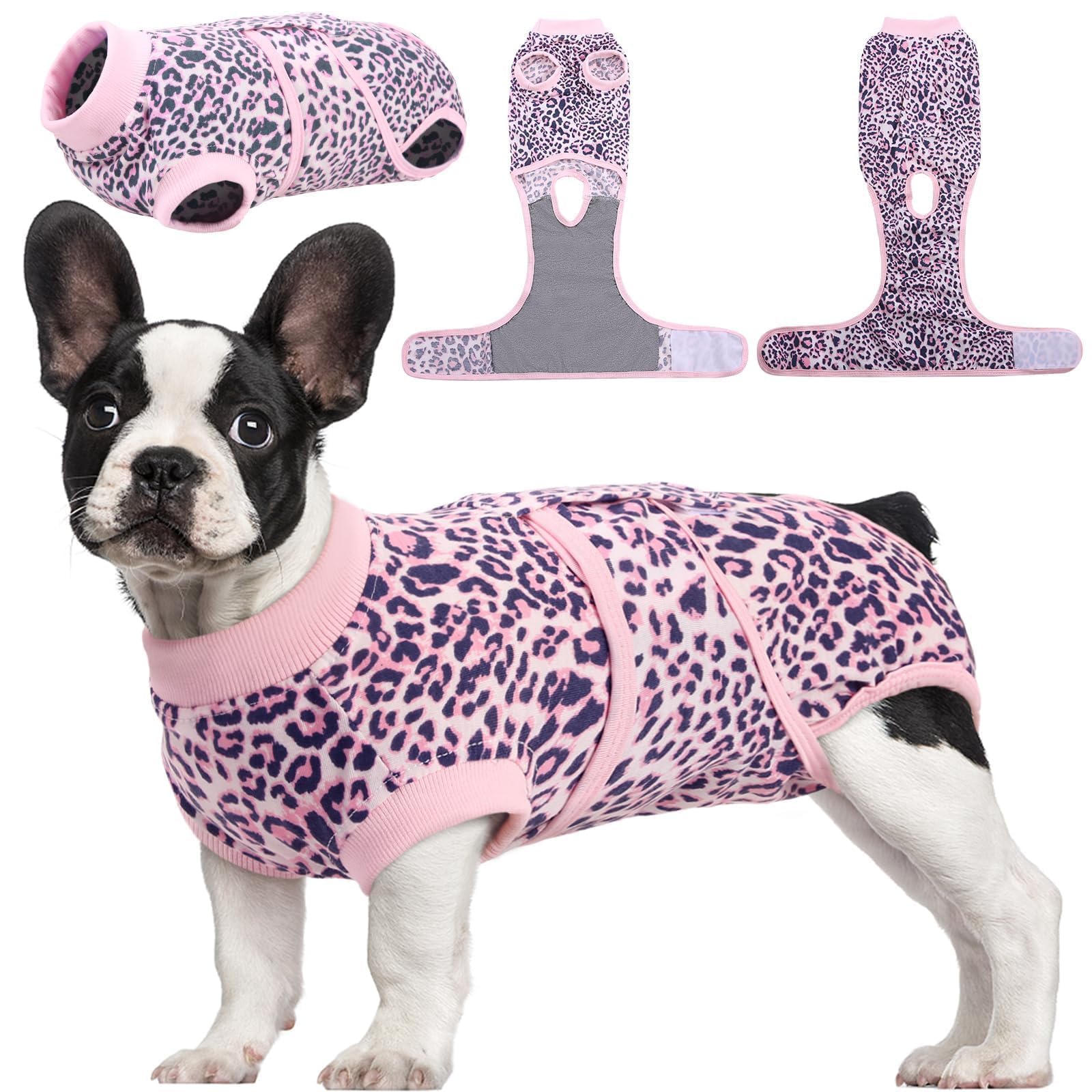 Kuoser survêtement chirurgie chien rose leopard, vue avant, confort et protection post-chirurgie.