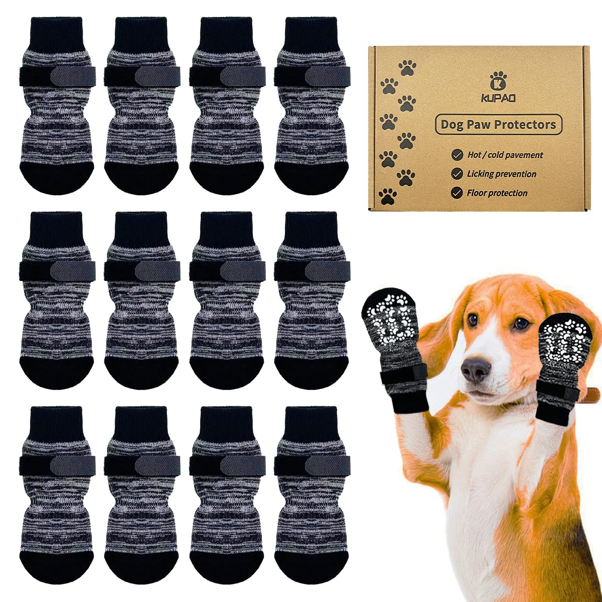 Chaussettes anti-glisse KUPAO pour chien sur plancher bois, meilleure adhérence.