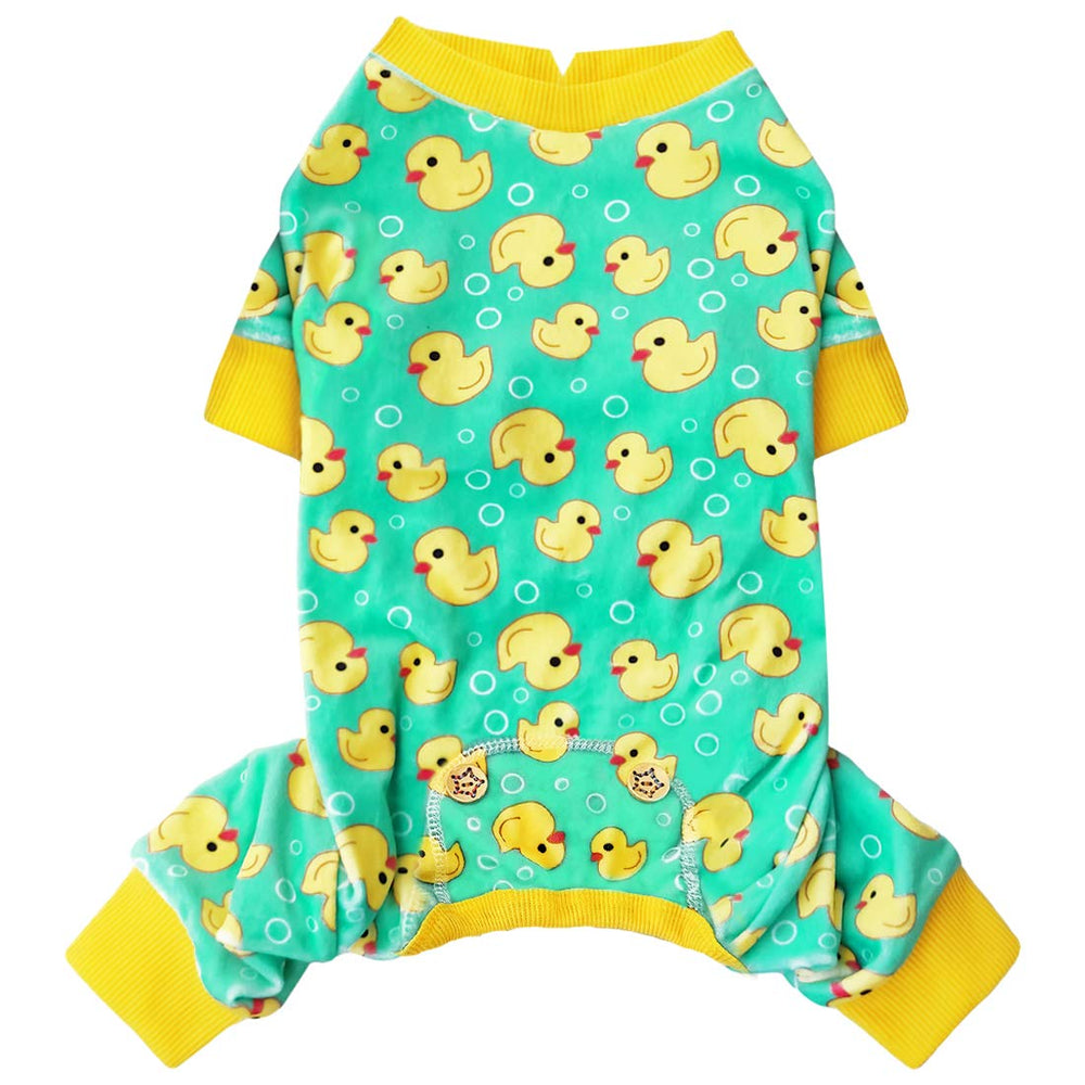 Pyjama KYEESE pour chien en velours extensible avec imprimé canards jaunes, douceur et confort.