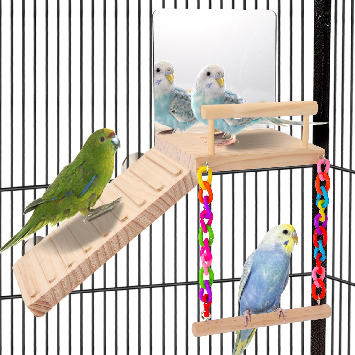 KyoukiBird plateforme-miroir: stimule l'exploration et l'interaction sociale des oiseaux.