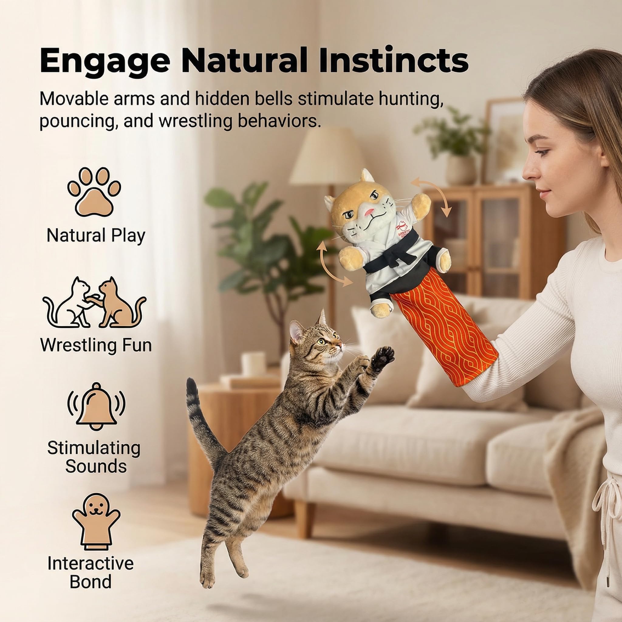KYWYOYOU Karate Kitty Puppet : bras mobiles et clochettes stimulent la chasse.
