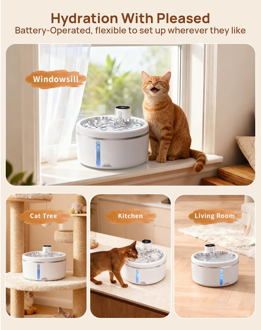 LABEKA capacité 2,5 L maintient l'eau disponible pour plusieurs chats.