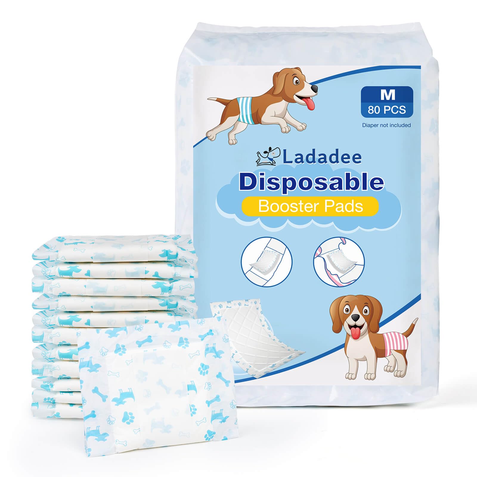 Ladadee booster pad emballage et design absorbant pour couches canines.