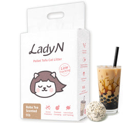 Litière Lady N pellet tofu avec parfum Boba Tea, sensation fraîche et durable.