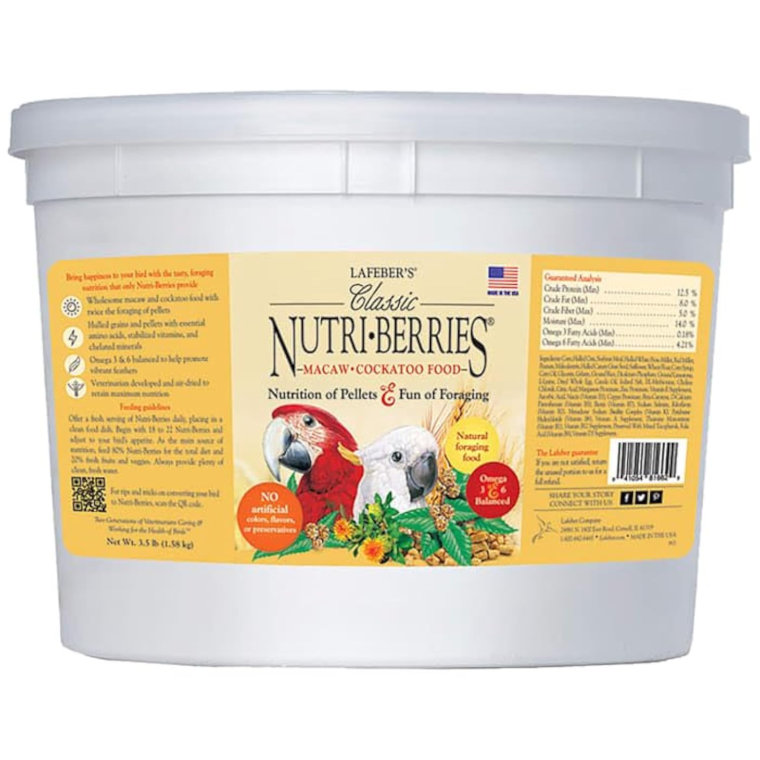 Lafeber's Nutri-Berries pour aras et cacatoès — seau 3,5 lb, enrichissement quotidien.