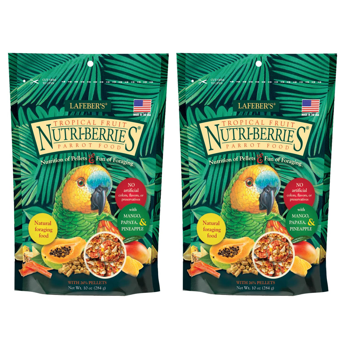 LAFEBER'S Nutri-Berries: emballage pratique pour perroquets et friandises tropicales.