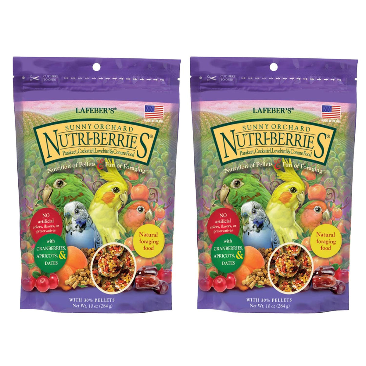 Emballage visible de LAFEBER'S Sunny Orchard Nutri-Berries, aliment premium pour petits oiseaux.