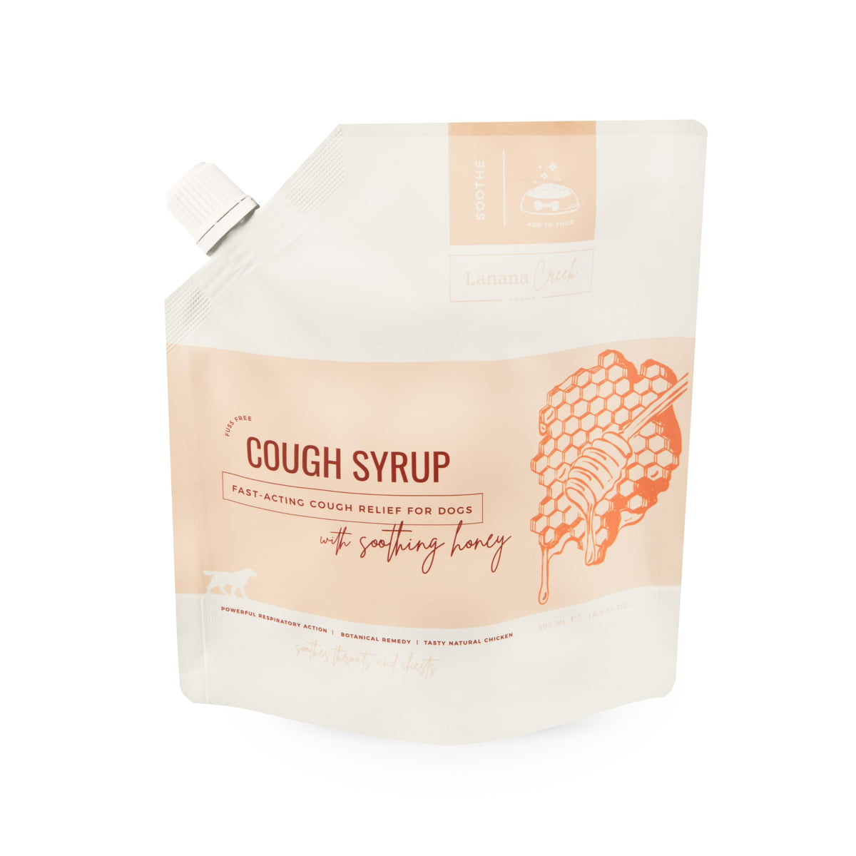 Lanana Creek Farms Sirop toux chien miel – flacon, goût apprécié et utilisation simple.