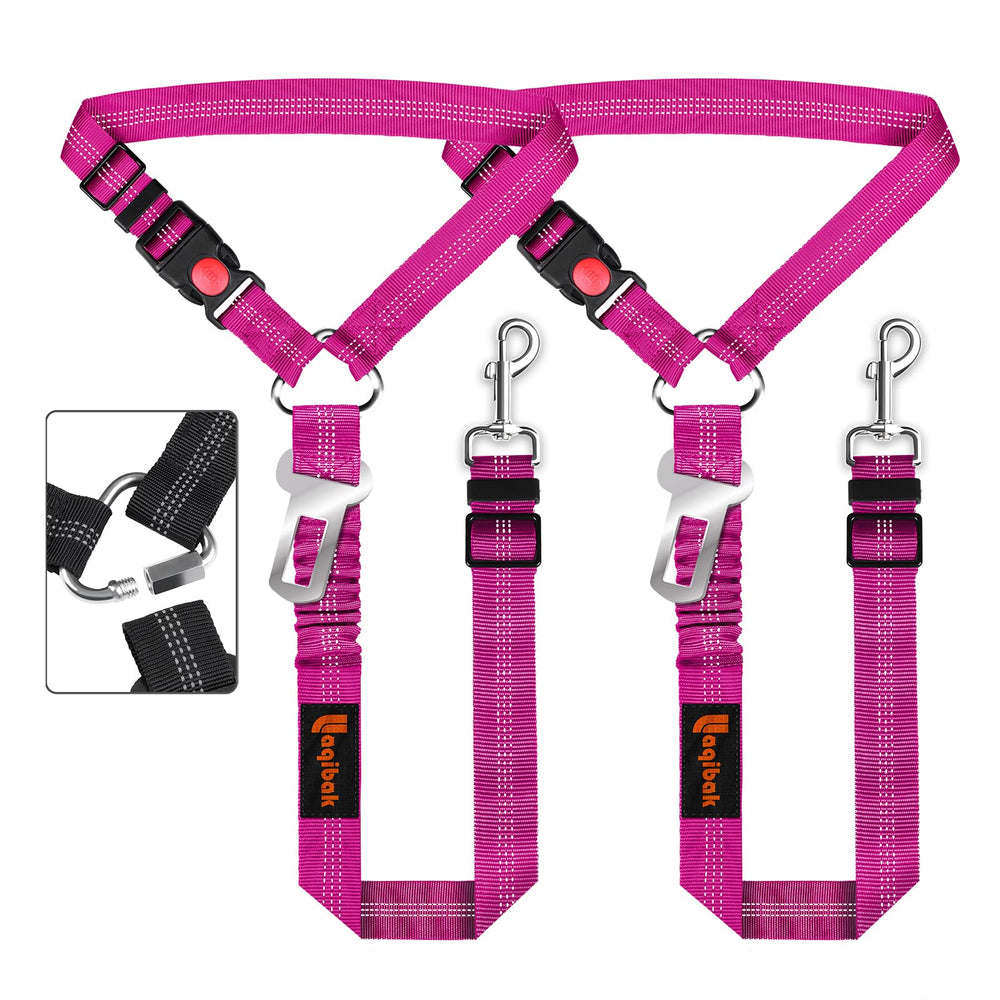 Laqibak harnais ceinture pour chien rose fixé en voiture, démonstration de sécurité et confort.