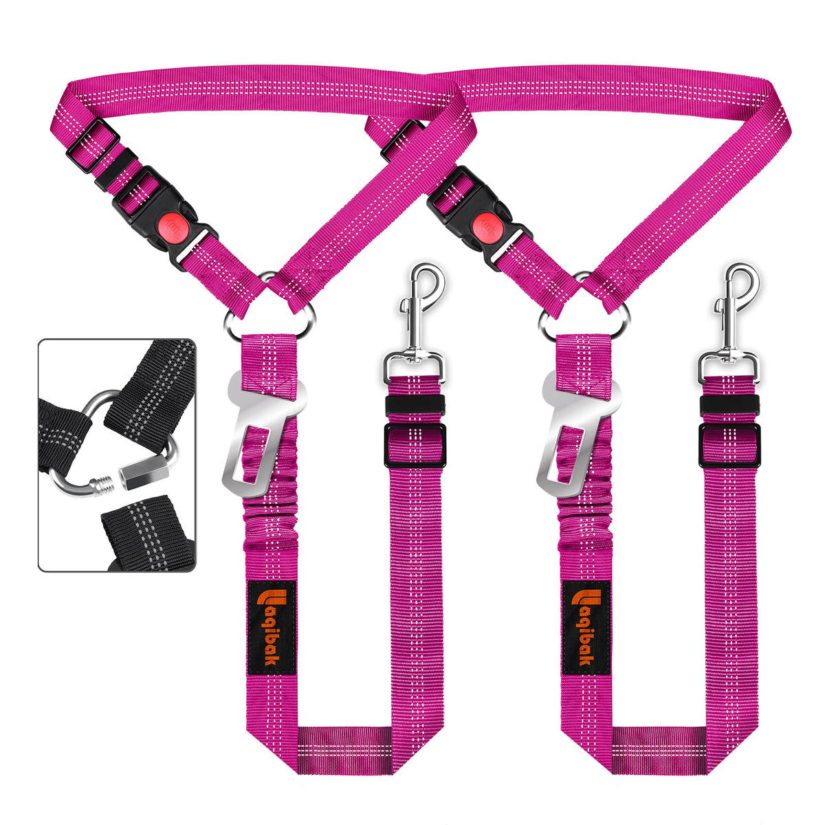 Laqibak harnais ceinture pour chien rose fixé en voiture, démonstration de sécurité et confort.
