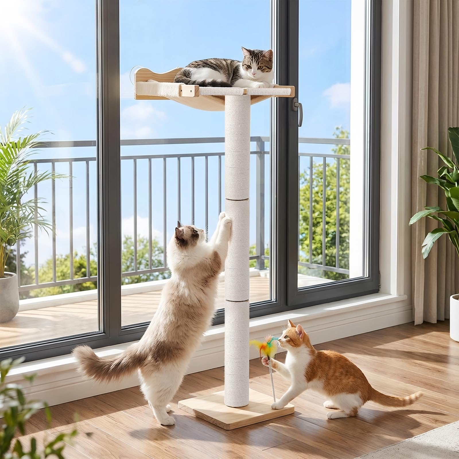 Lassume perchoir-fenêtre pour chat avec sisal, idéal pour grimper et observer dehors.