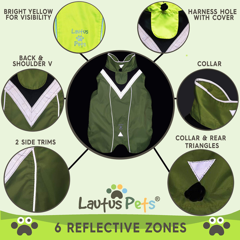 Bandes réfléchissantes Lautus Pets sur veste jaune, meilleure visibilité au crépuscule.