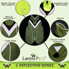 Bandes réfléchissantes Lautus Pets sur veste jaune, meilleure visibilité au crépuscule.