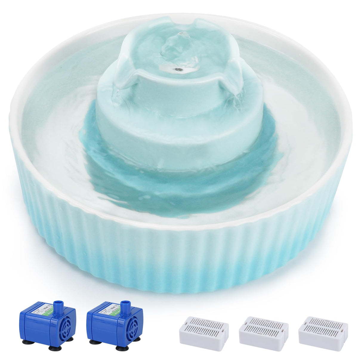 Fontaine Lawfery pour chat en céramique bleu clair, ensemble stable et prêt à l'utilisation.