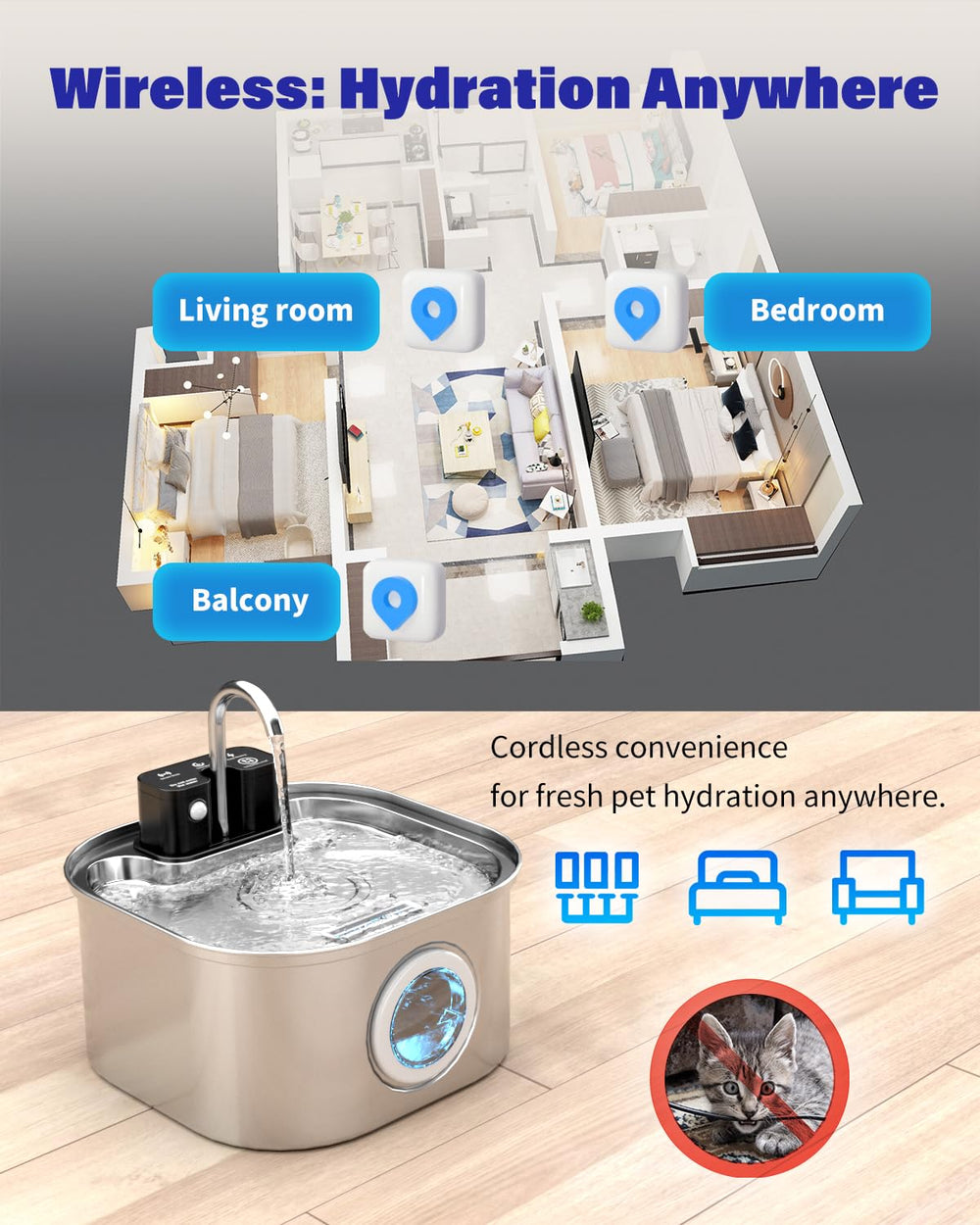 Lawfery trois modes de boisson accessibles par bouton pour chaque animal.