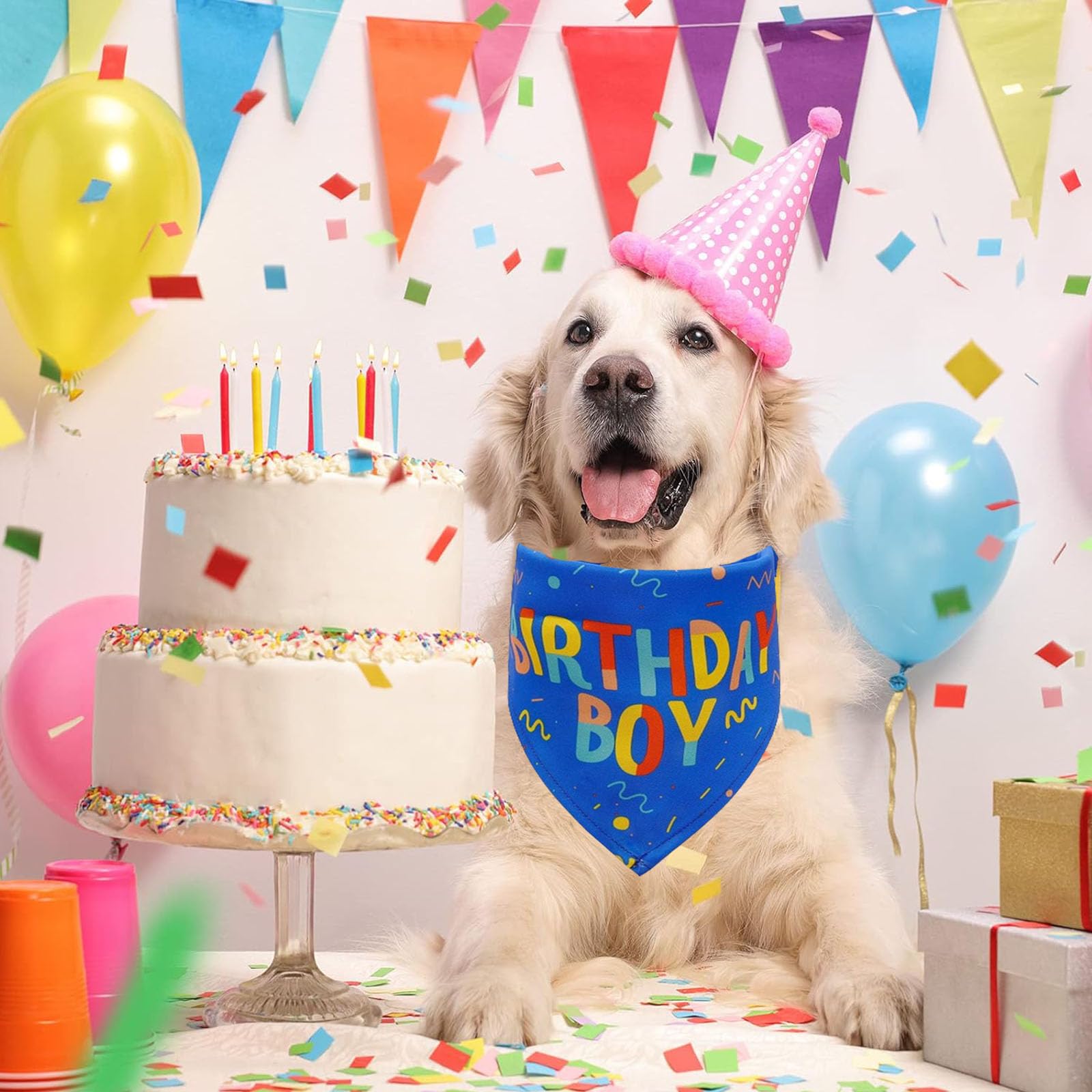 Bandana anniversaire Lcekterur chien, vue d'ensemble, accessoire tendance pour fêtes et jeux.
