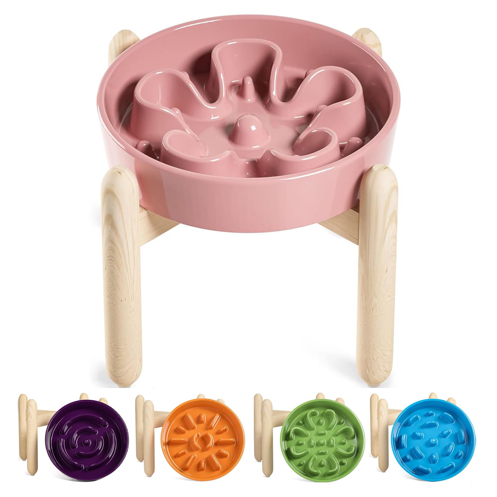 Le Tauci bol ceramique slow-feed elevé en rose fleur pour chiens de petite à moyenne taille.