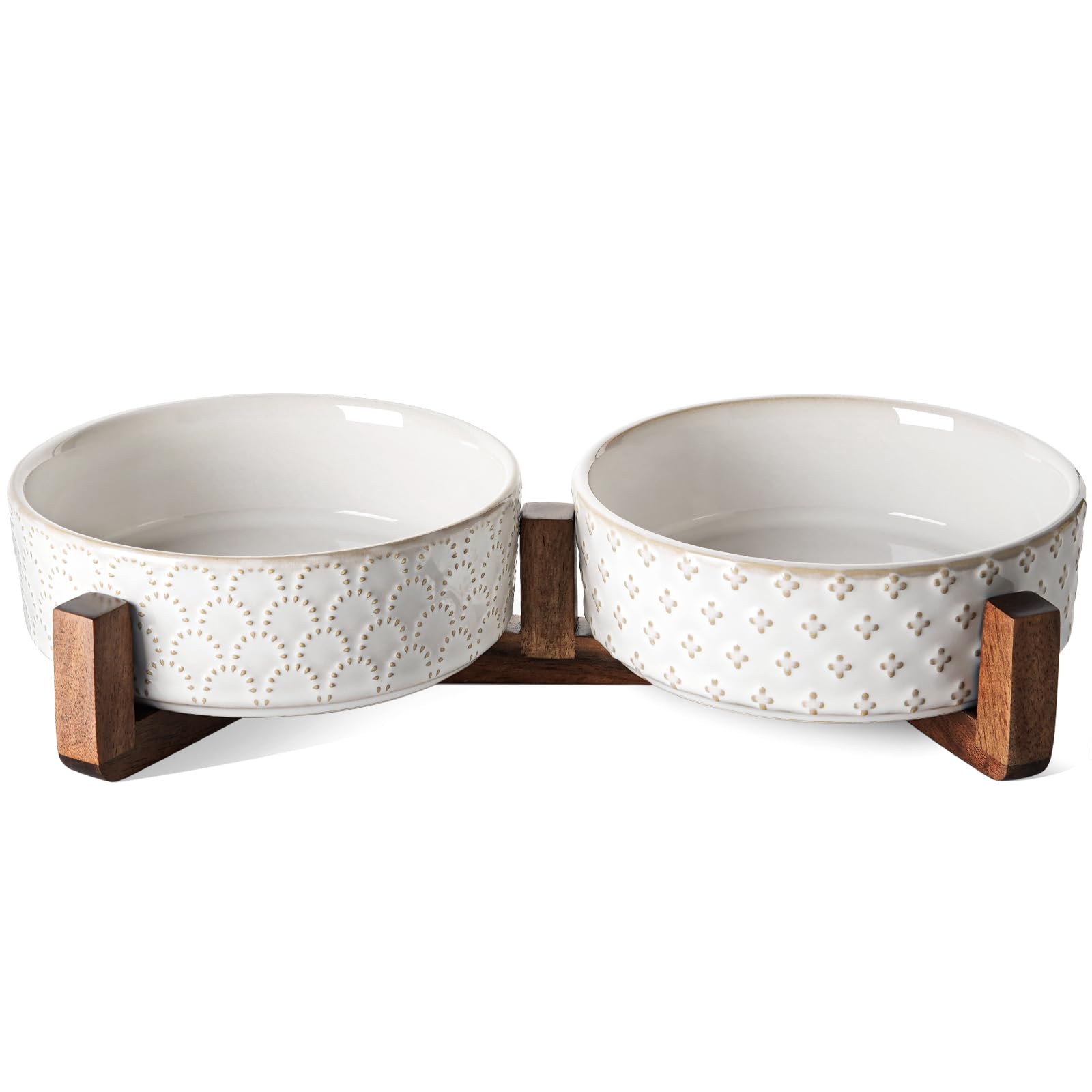 LE TAUCI: gamelles chiot en céramique avec support acacia pour un repas stable.