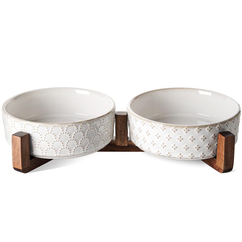 LE TAUCI: gamelles chiot en céramique avec support acacia pour un repas stable.