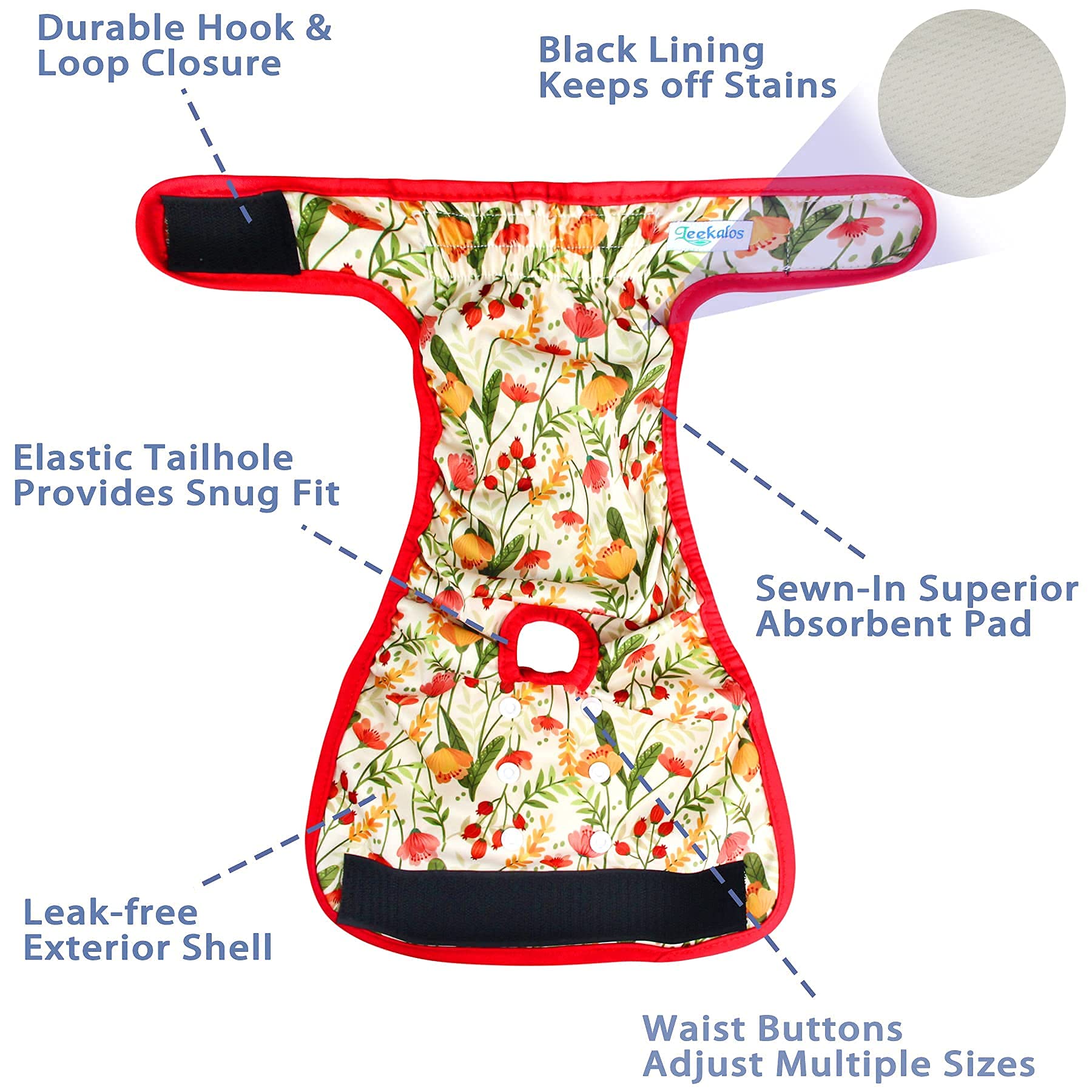 Leekalos, fermeture velcro douce pour chien femelle Flora, enlèvement rapide et sûr.