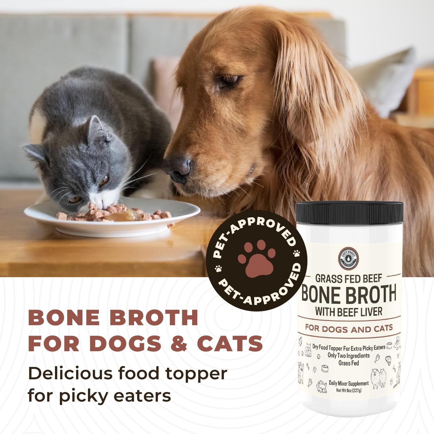 Left Coast Performance bol chien avec bouillon, invitation à manger et appétit amélioré.