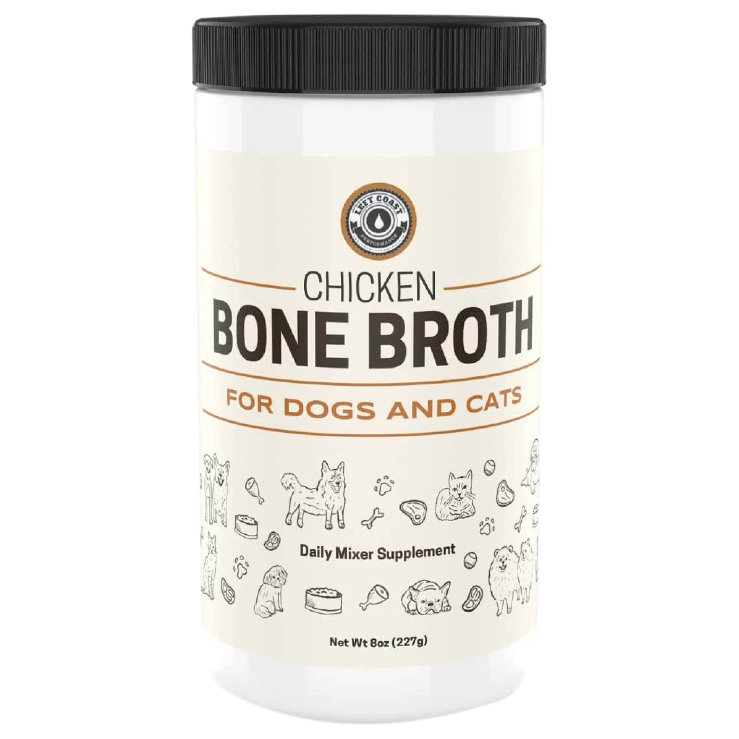 Left Coast Performance bouillon d'os au poulet pour chat, stimule l'appétit et l'hydratation.