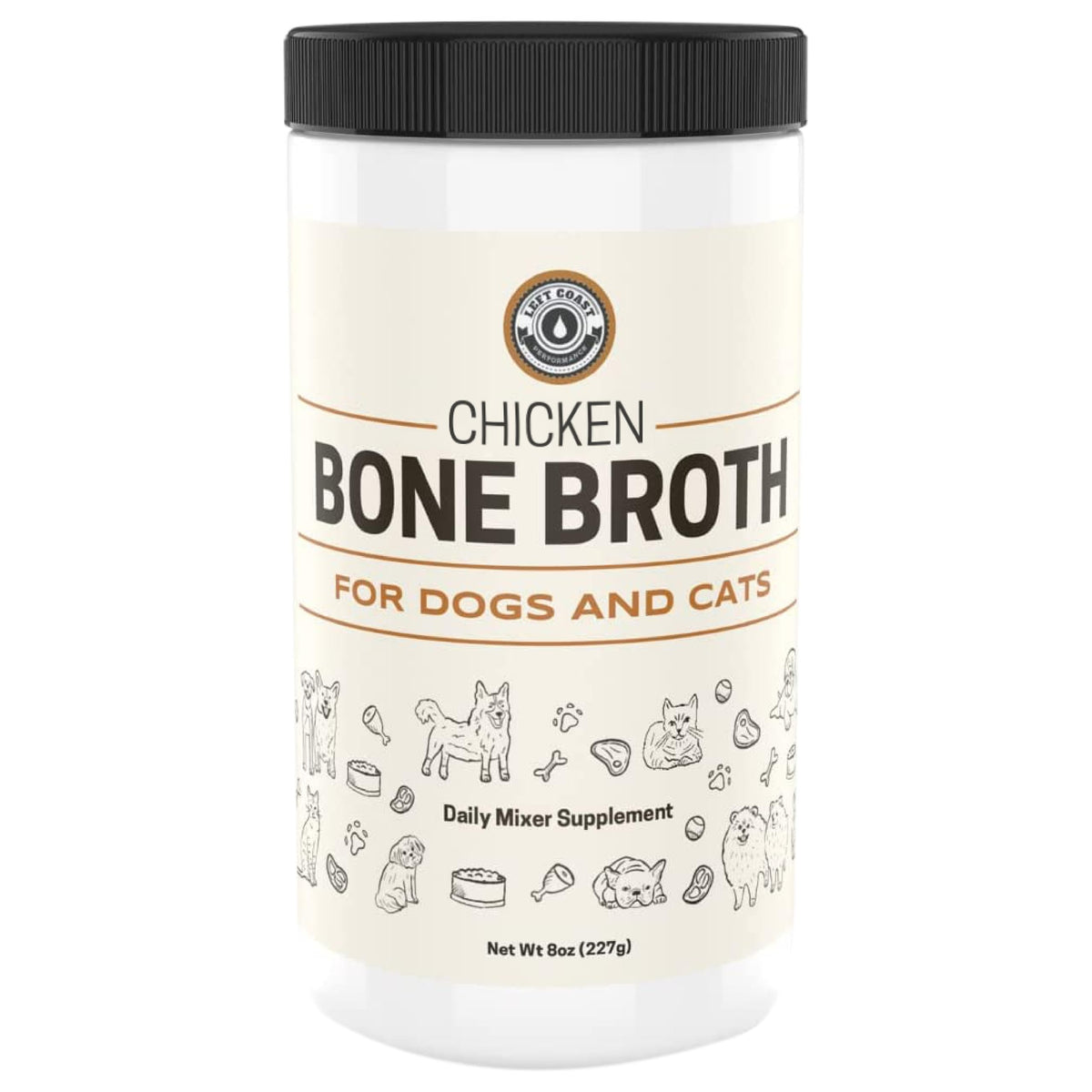 Left Coast Performance bouillon d'os au poulet pour chat, stimule l'appétit et l'hydratation.