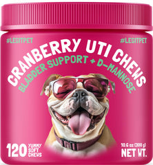 LEGITPET Cranberry UTI Chews emballage du produit, soutien potentiel du tractus urinaire