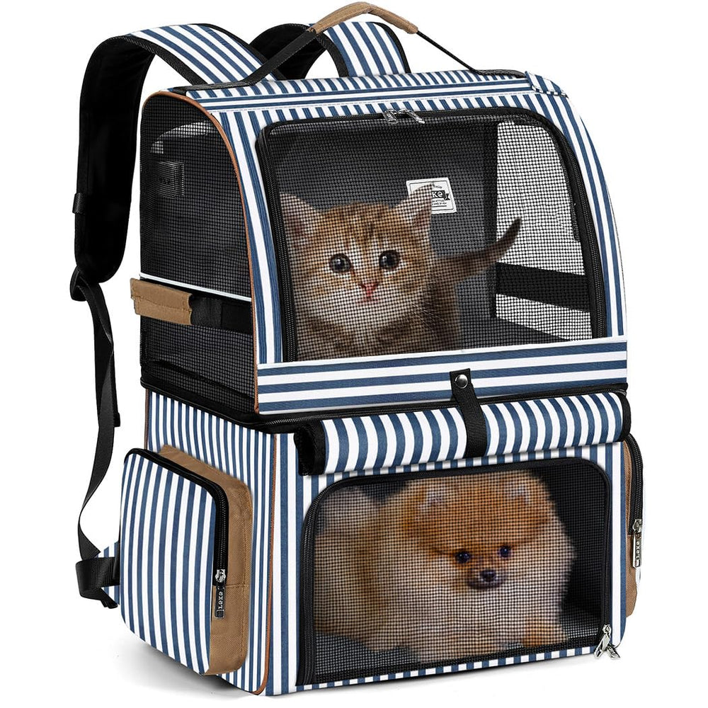 Lekebobor sac à dos porte-chat double compartiment bleu rayures prêt pour deux chats.