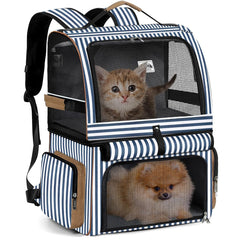 Lekebobor sac à dos porte-chat double compartiment bleu rayures prêt pour deux chats.